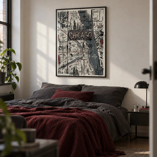 Chicago Street Art, framed on the wall of a young adult's first-flat bedroom (22-28) with a plain off-white wall