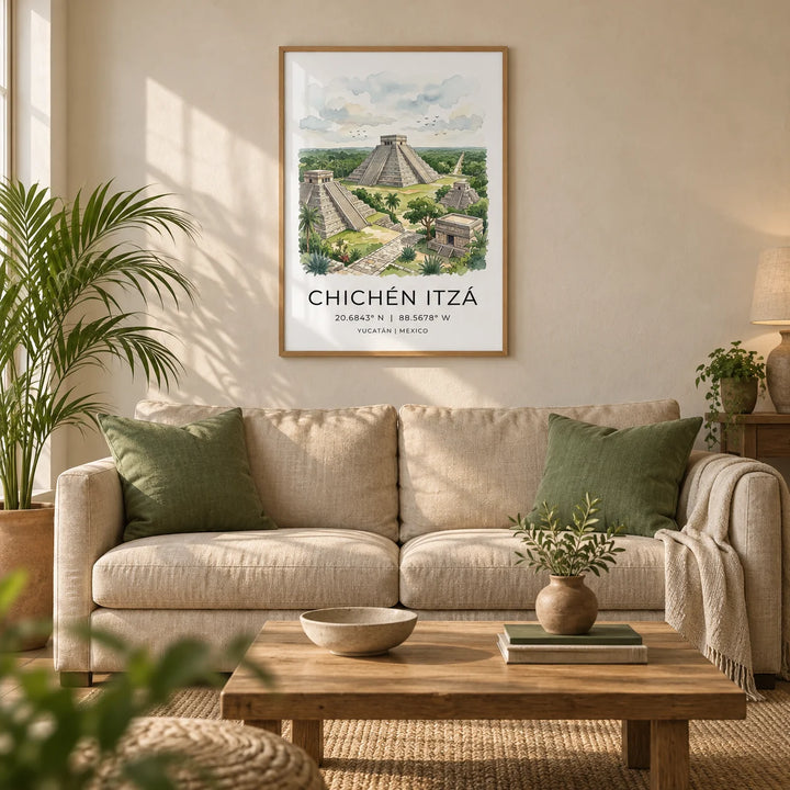 Chichen Itza Art Print, framed on the wall of a warm living room in a UK terraced home with cream limewashed walls