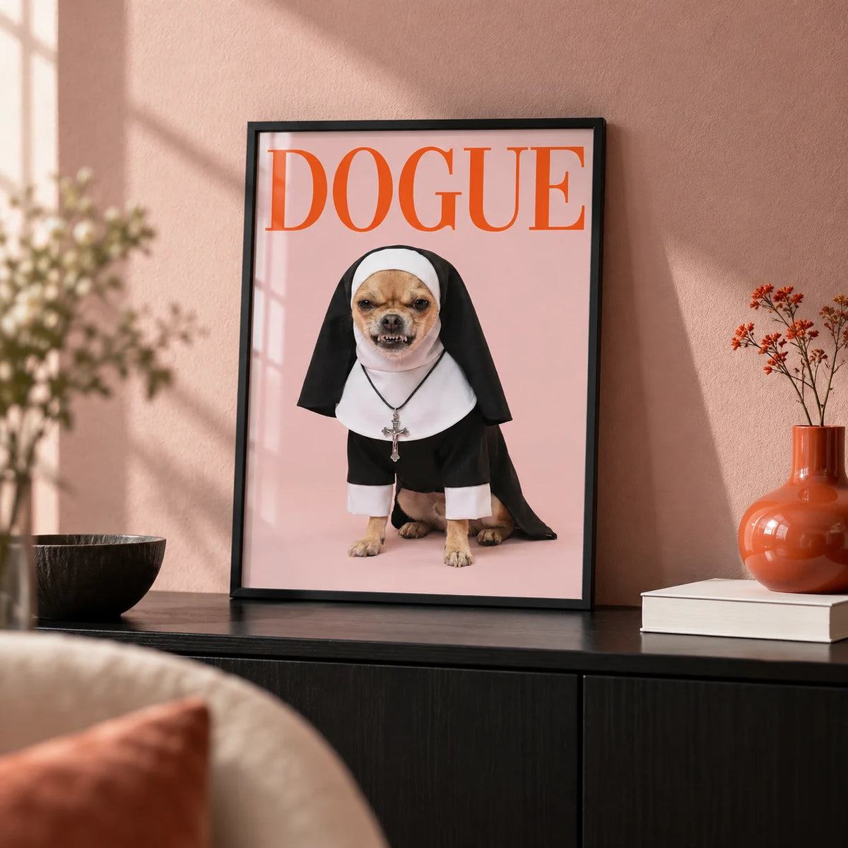 Chihuahua Nun Costume Art, a small A4 framed print leaning on a black sideboard in a living room