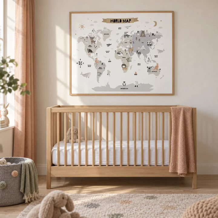 Childs World Map, framed on the wall of a calm nursery in a UK family home with a warm white wall and pale oak floor