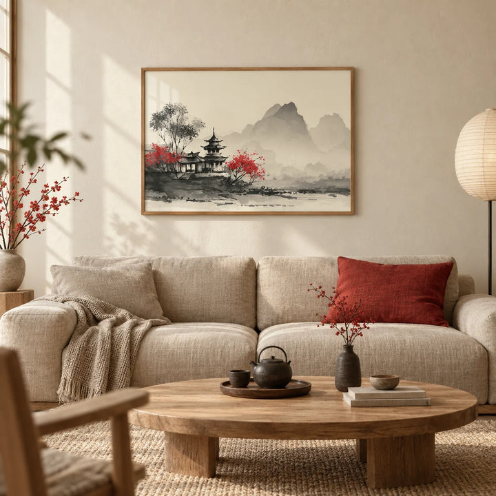 Chinese Landscape Art Print, framed on the wall of a calm Japandi living room with a warm cream plaster wall