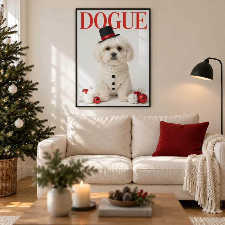 Christmas Shih Tzu Poster, framed on the wall of a modern Christmas living room in a UK terraced home with a warm white wall and oak flooring