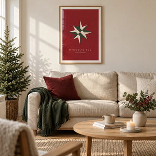 Christmas Star Print, framed on the wall of a modern Scandinavian living room in a UK terraced home with warm white walls and pale oak floorboards
