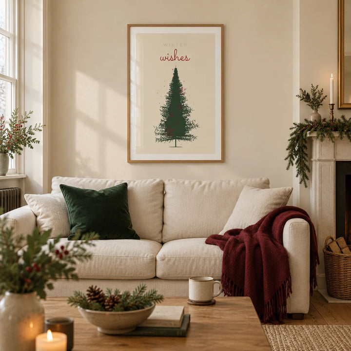Christmas Tree Print, framed on the wall of a cosy living room in a British terraced house with warm cream walls and an oak floor