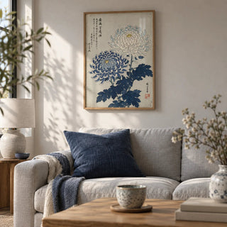 Chrysanthemum Art, framed on the wall of a calm living room