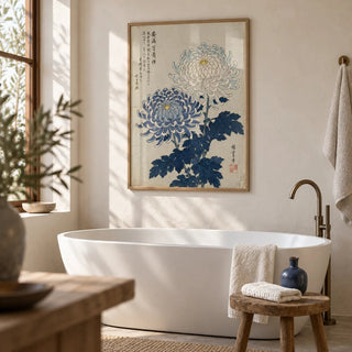 Chrysanthemum Art, framed on the wall of a calm spa bathroom with warm white plaster walls