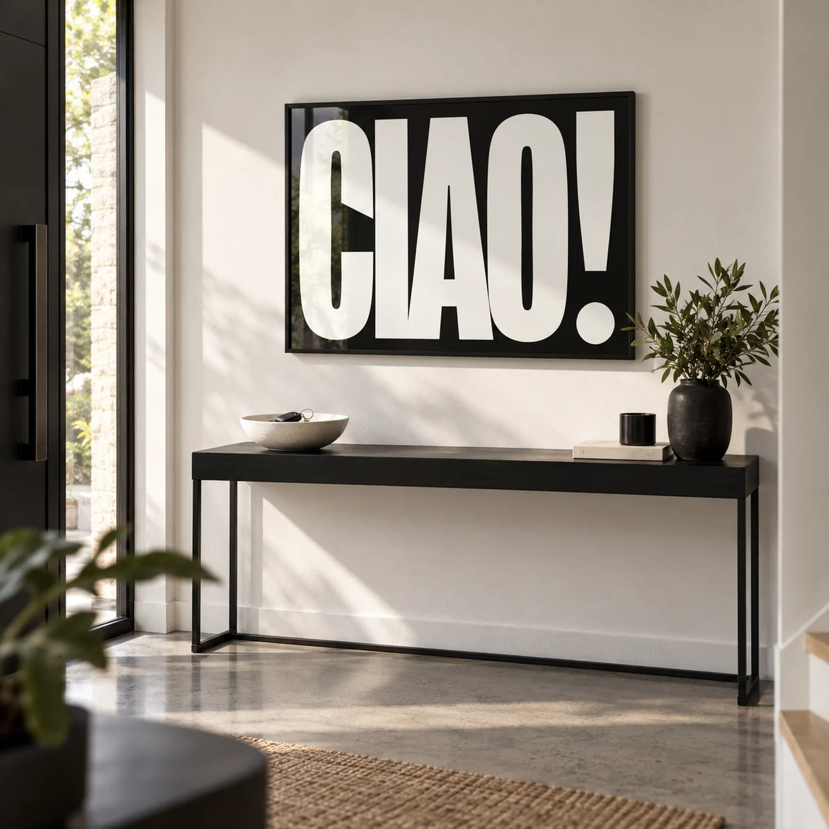 Ciao Poster, framed on the wall of a modern entrance hall by the front door