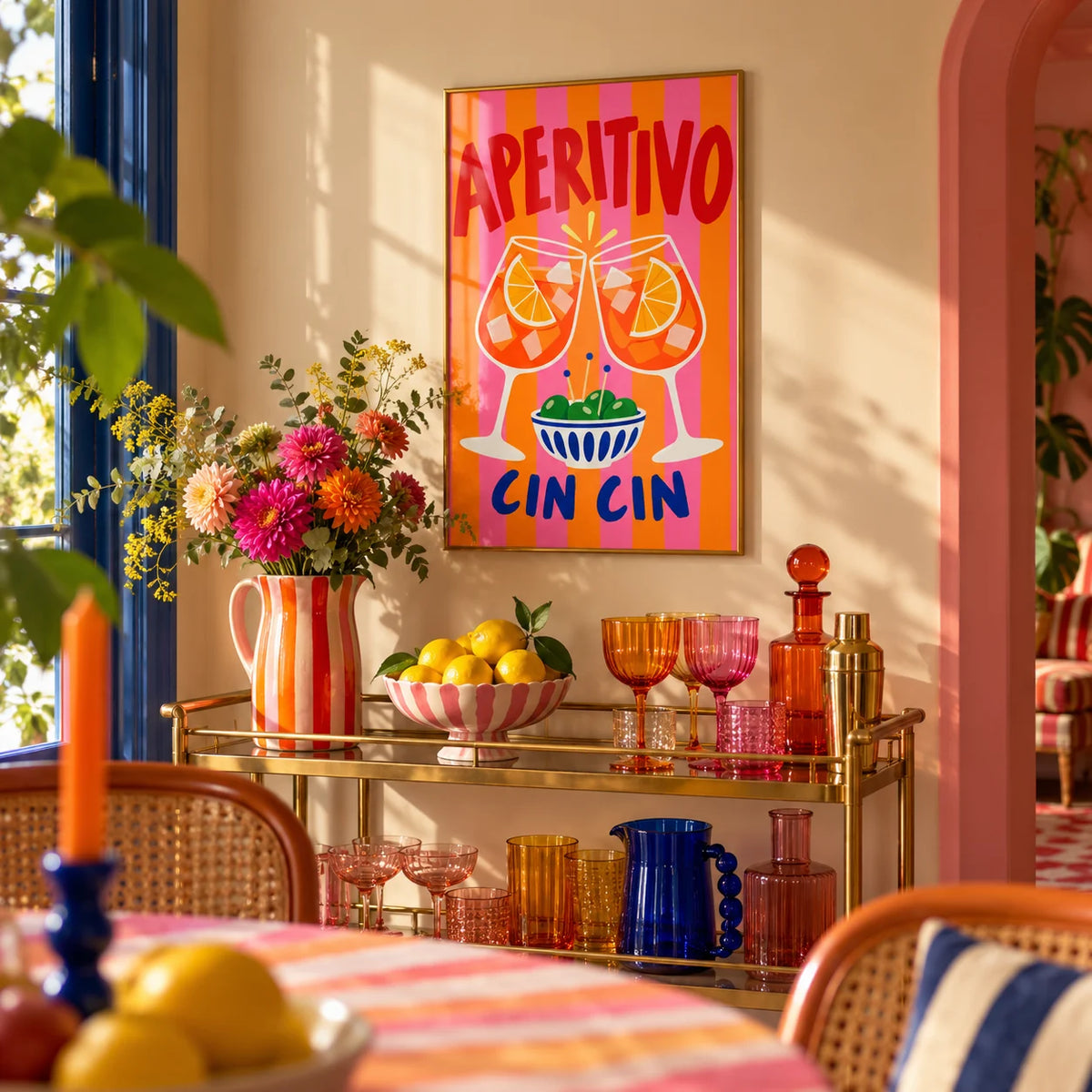 Cin Cin Print, framed on the wall of a colourful dining corner