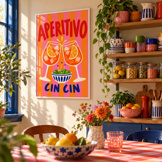 Cin Cin Print, framed on the wall of a fun kitchen corner