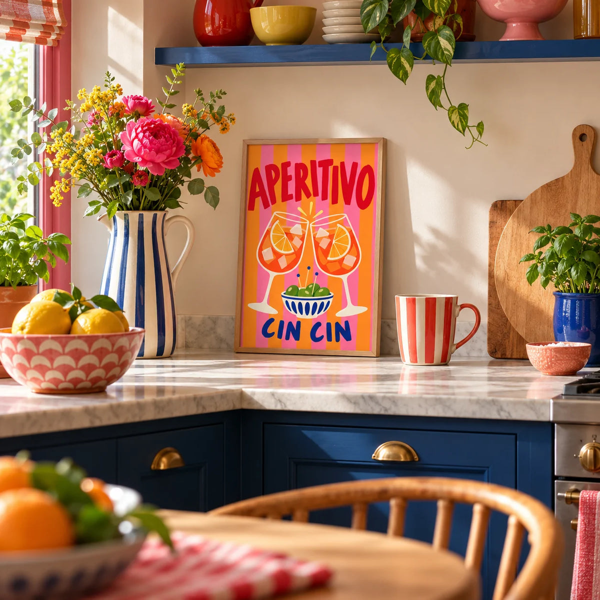 Cin Cin Print, a small A4 framed print leaning on a kitchen worktop