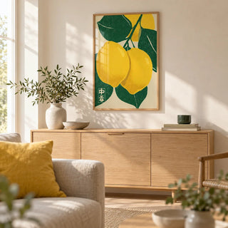 Large Citrus Fruit Art Print, framed on the wall of a bright Scandinavian living room