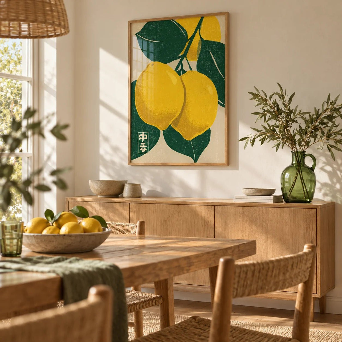 Large Citrus Fruit Art Print, framed on the wall of a sunny dining room