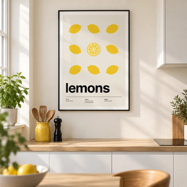 Citrus Print, framed on the wall of a crisp modern kitchen in a UK city flat with cream walls