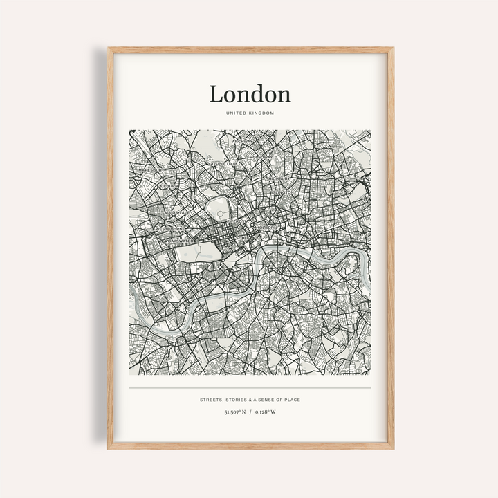 London Map Print — Personalised City Atlas · Natural wood frame example