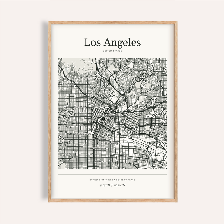 Los Angeles Map Print — Personalised City Atlas · Natural wood frame example