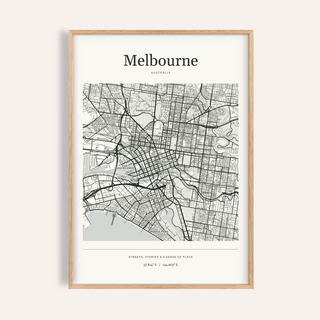 Melbourne Map Print — Personalised City Atlas · Natural wood frame example