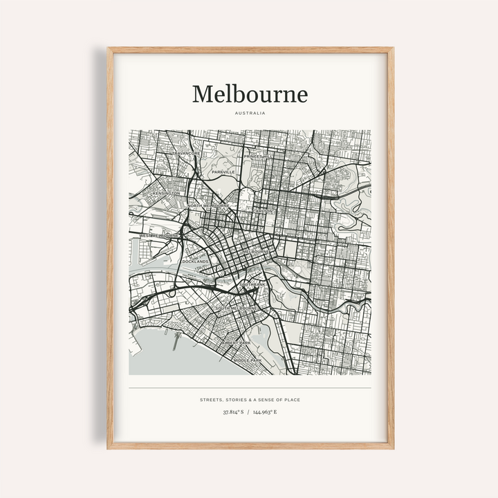 Melbourne Map Print — Personalised City Atlas · Natural wood frame example