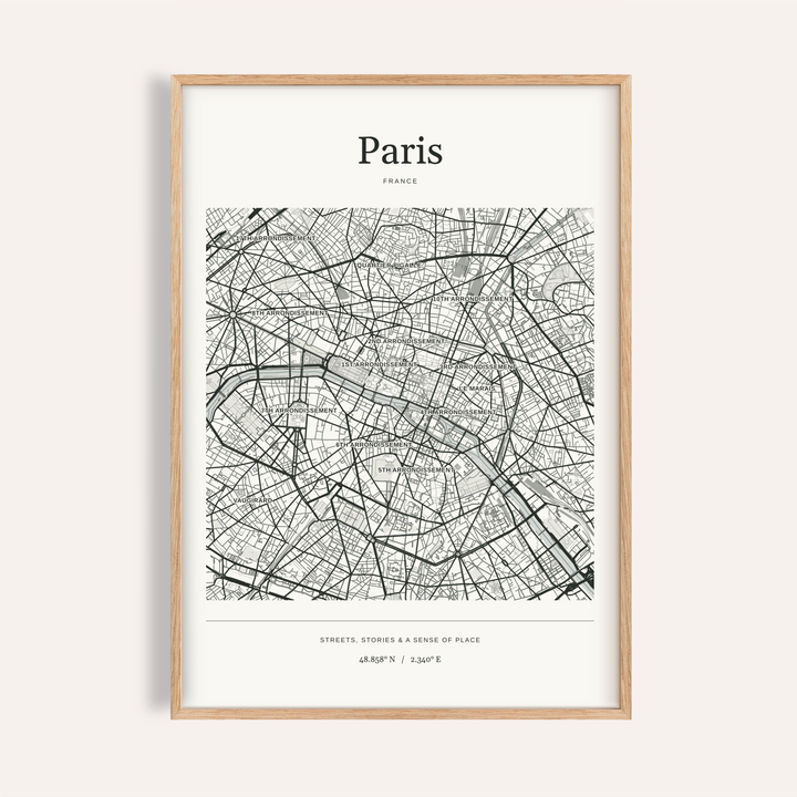 Paris Map Print — Personalised City Atlas · Natural wood frame example