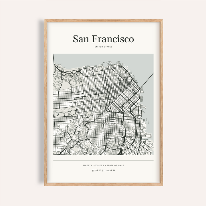 San Francisco Map Print — Personalised City Atlas · Natural wood frame example