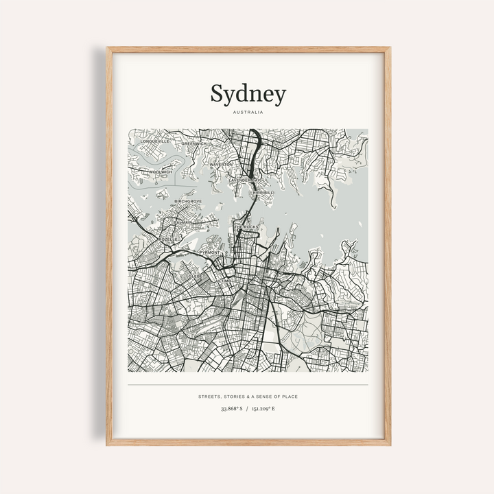 Sydney Map Print — Personalised City Atlas · Natural wood frame example