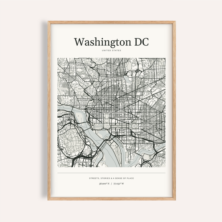 Washington DC Map Print — Personalised City Atlas · Natural wood frame example