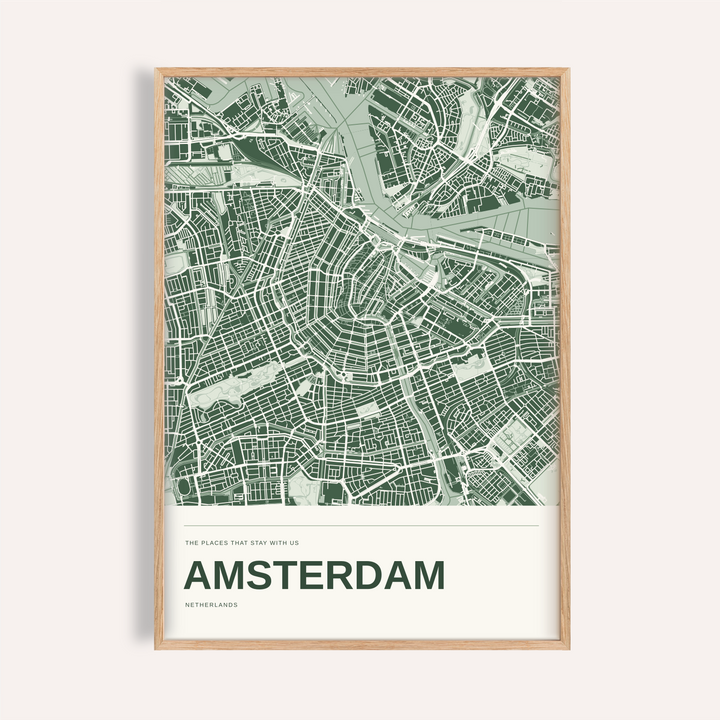 Amsterdam Colour Map Print — Personalised Wall Art · Natural wood frame example