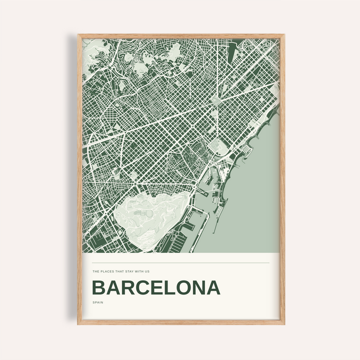Barcelona Colour Map Print — Personalised Wall Art · Natural wood frame example