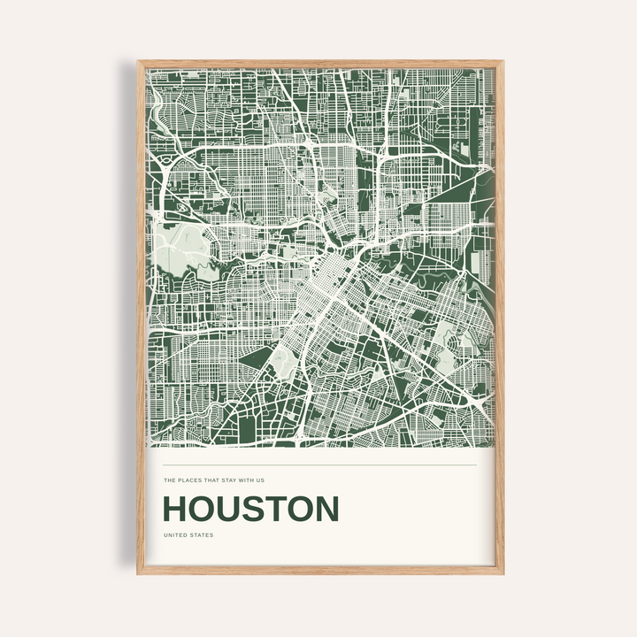 Houston Colour Map Print — Personalised Wall Art · Natural wood frame example