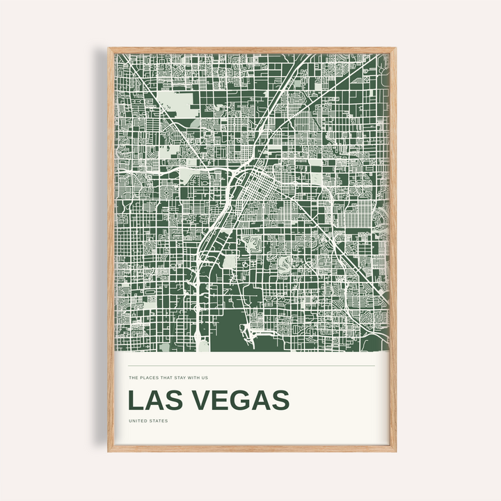 Las Vegas Colour Map Print — Personalised Wall Art · Natural wood frame example
