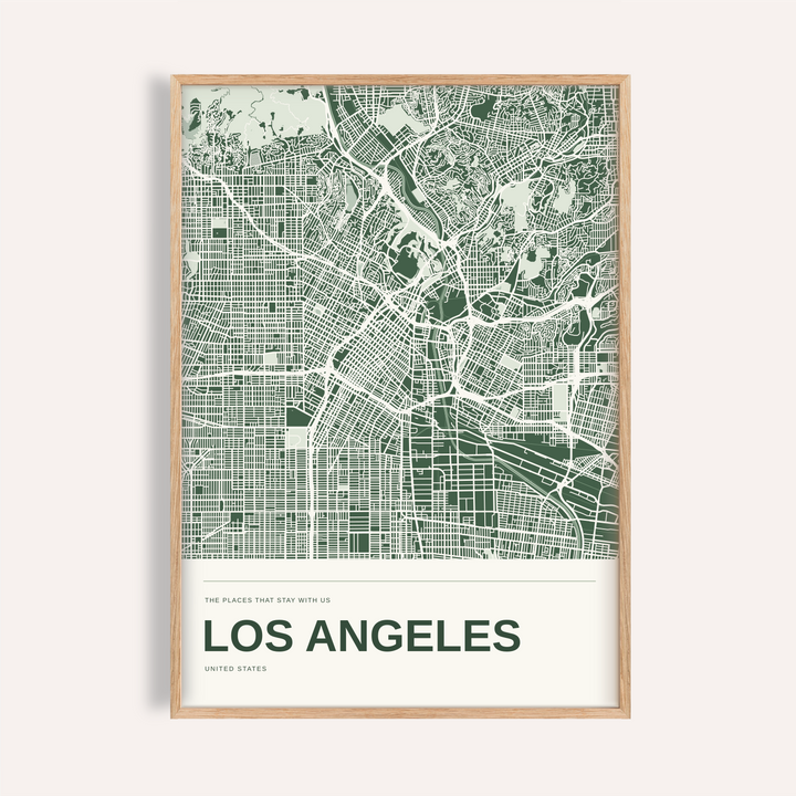 Los Angeles Colour Map Print — Personalised Wall Art · Natural wood frame example