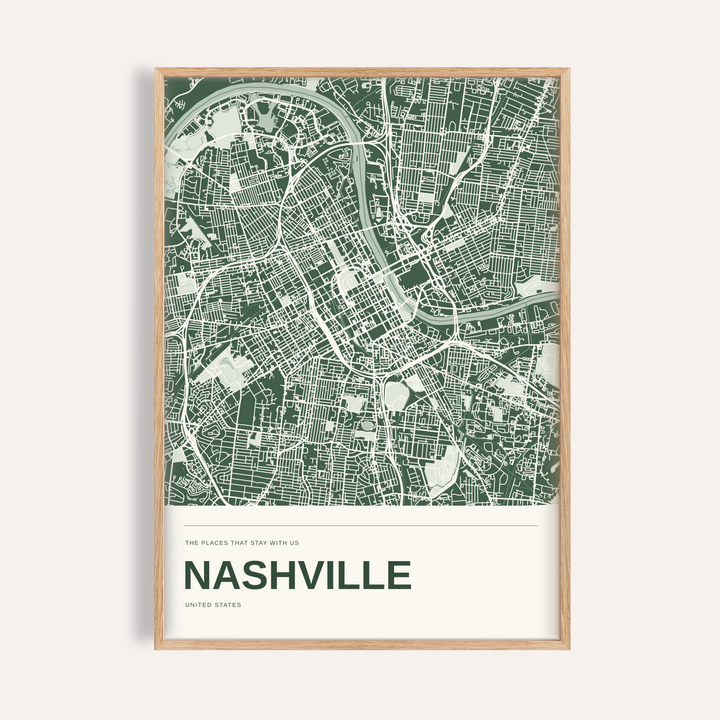 Nashville Colour Map Print — Personalised Wall Art · Natural wood frame example