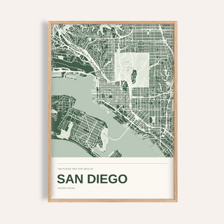 San Diego Colour Map Print — Personalised Wall Art · Natural wood frame example