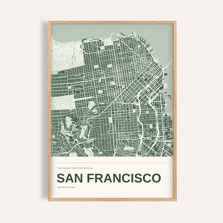 San Francisco Colour Map Print — Personalised Wall Art · Natural wood frame example