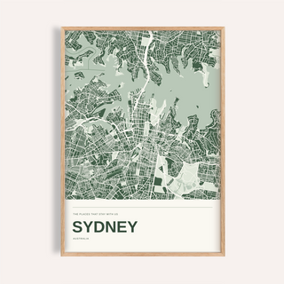 Sydney Colour Map Print — Personalised Wall Art · Natural wood frame example