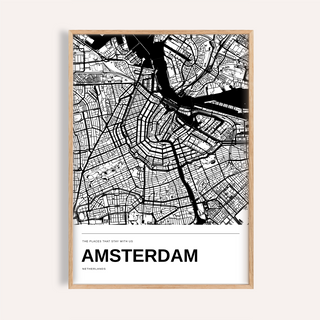 Amsterdam Black and White Map Print — Personalised · Natural wood frame example