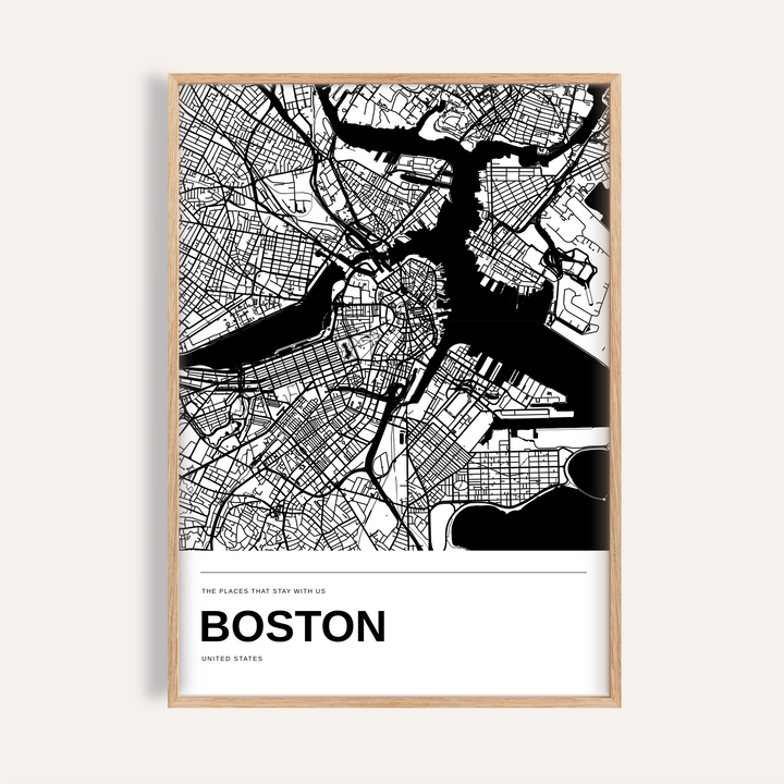 Boston Black and White Map Print — Personalised · Natural wood frame example