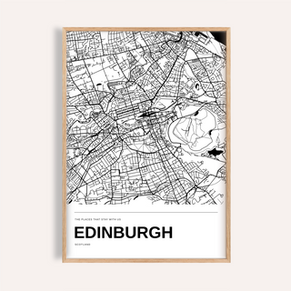 Edinburgh Personalised Map Print — Black & White · Natural wood frame example