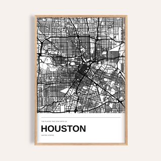 Houston Black and White Map Print — Personalised · Natural wood frame example