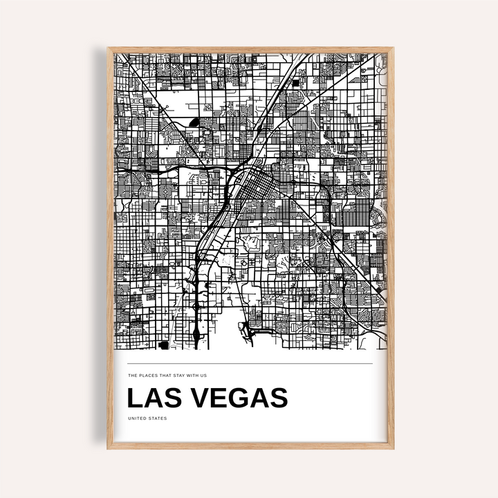 Las Vegas Black and White Map Print — Personalised · Natural wood frame example