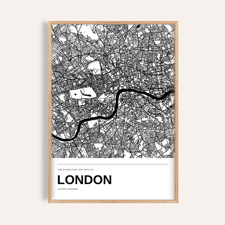 London Black and White Map Print — Personalised · Natural wood frame example