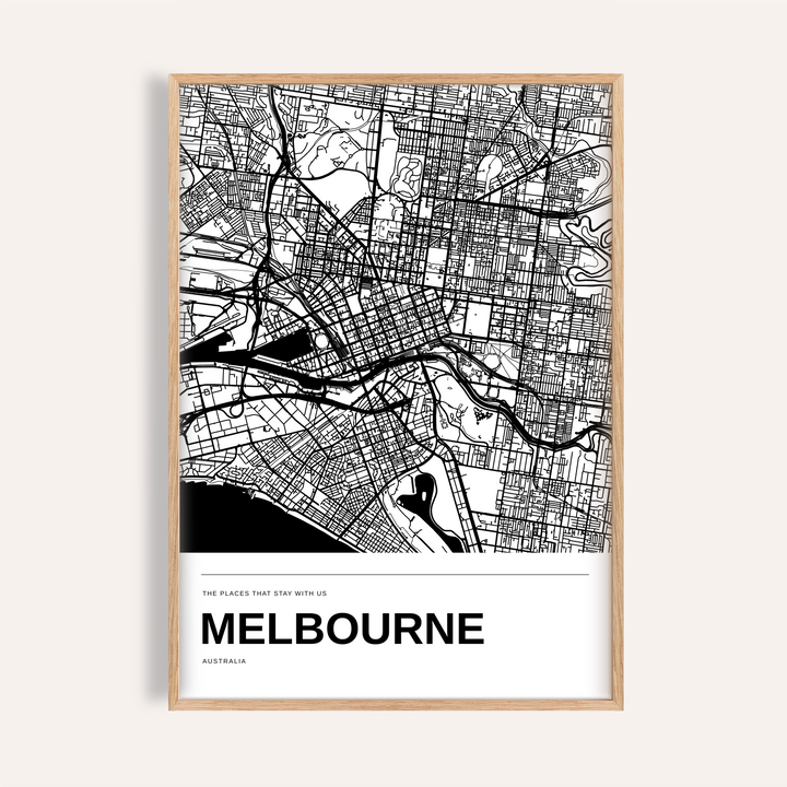 Melbourne Black and White Map Print — Personalised · Natural wood frame example