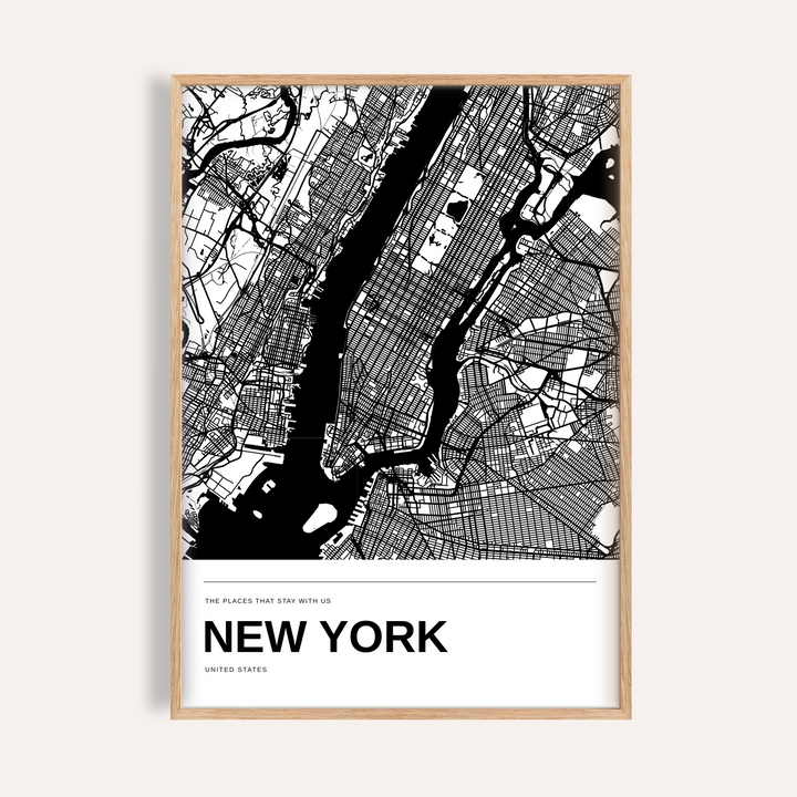 New York City Black and White Map Print — Personalised · Natural wood frame example
