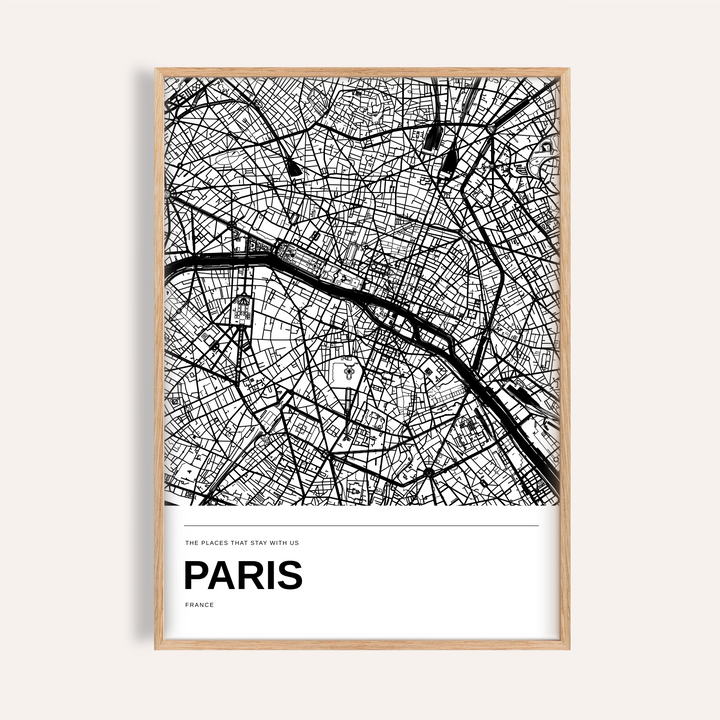 Paris Black and White Map Print — Personalised · Natural wood frame example