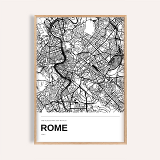 Rome Black and White Map Print — Personalised · Natural wood frame example