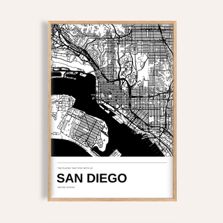 San Diego Black and White Map Print — Personalised · Natural wood frame example