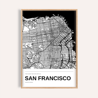 San Francisco Black and White Map Print — Personalised · Natural wood frame example