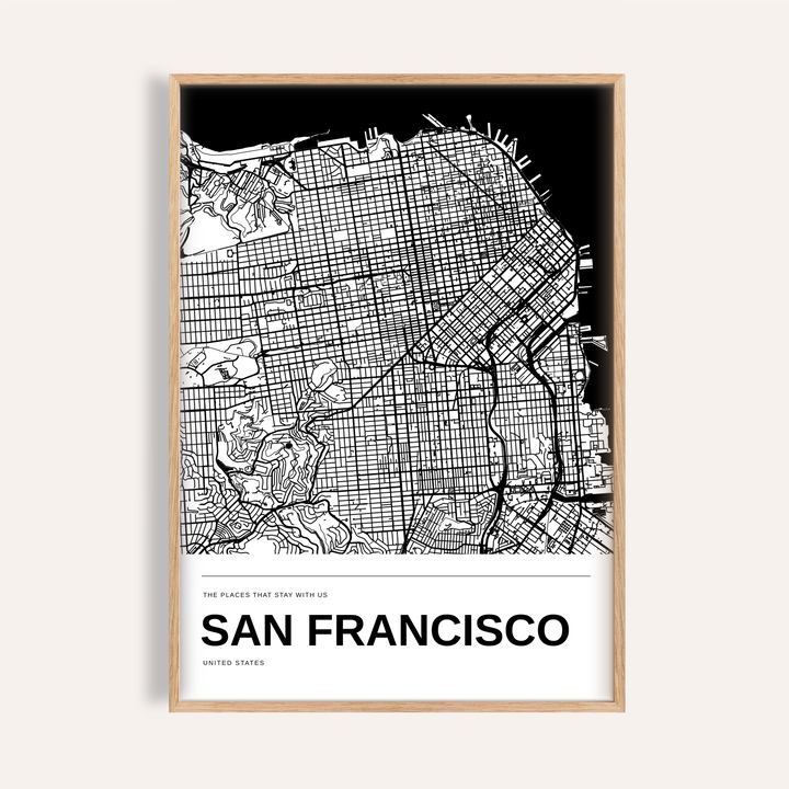 San Francisco Black and White Map Print — Personalised · Natural wood frame example