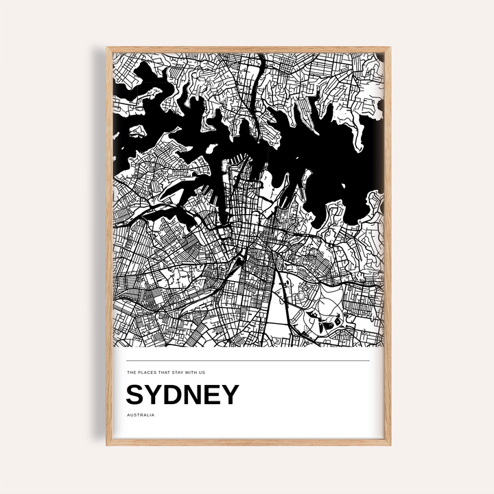 Sydney Black and White Map Print — Personalised · Natural wood frame example