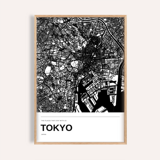 Tokyo Black and White Map Print — Personalised · Natural wood frame example