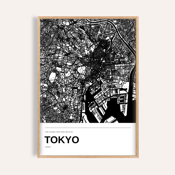 Tokyo Black and White Map Print — Personalised · Natural wood frame example